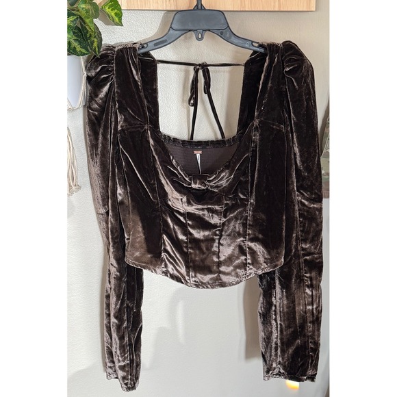 Free People Velvet Corset Top Brown Long Sleeve Smocked Back Sweetheart Neck M - Picture 2 of 6